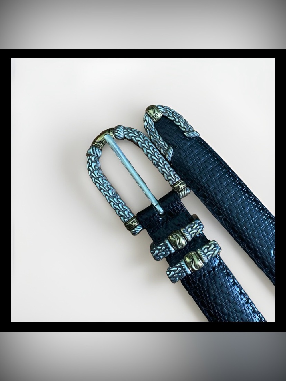 Brighton Black Textured Leather Western Belt with Braided Silver-Tone Buckle